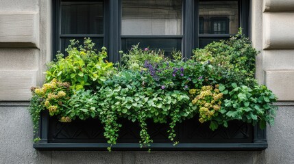Flower filled window boxes. Closeup of green perennial plants in window planters boxes adorning city building. Urban gardening landscaping design