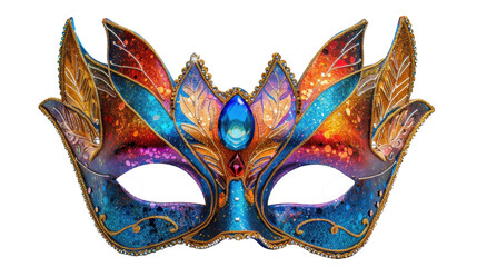 Colorful carnival masquerade mask with intricate details and blue gem stone. Masquerade balls, carnivals, or costume parties. Concept of mystery and celebration