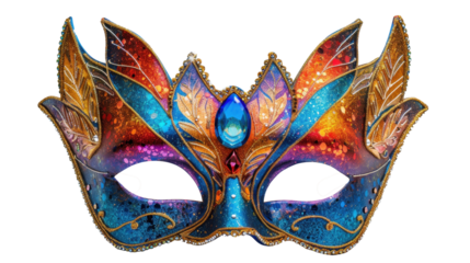Colorful carnival masquerade mask with intricate details and blue gem stone. Masquerade balls, carnivals, or costume parties. Concept of mystery and celebration