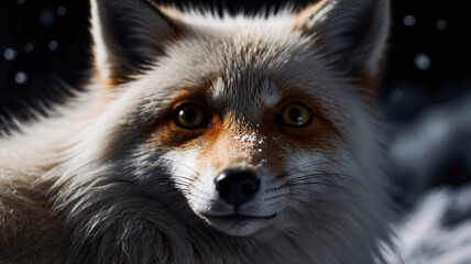 Obraz premium Snow fox standing still in winter its fur covered with snowflakes shot in professional photography against a dark background for visual impact