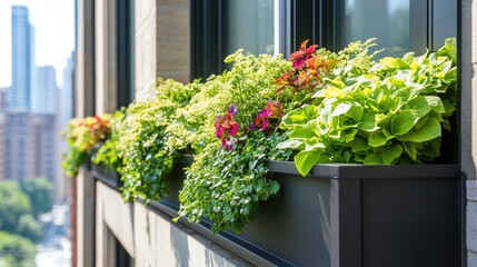 Flower filled window boxes. Closeup of green perennial plants in window planters boxes adorning city building. Urban gardening landscaping design