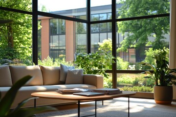 Fototapeta premium Modern sunlit living room with greenery and minimalist furniture