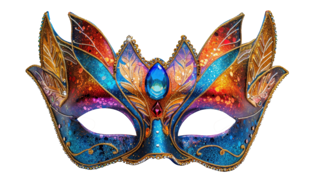 Colorful carnival masquerade mask with intricate details and blue gem stone. Masquerade balls, carnivals, or costume parties. Concept of mystery and celebration