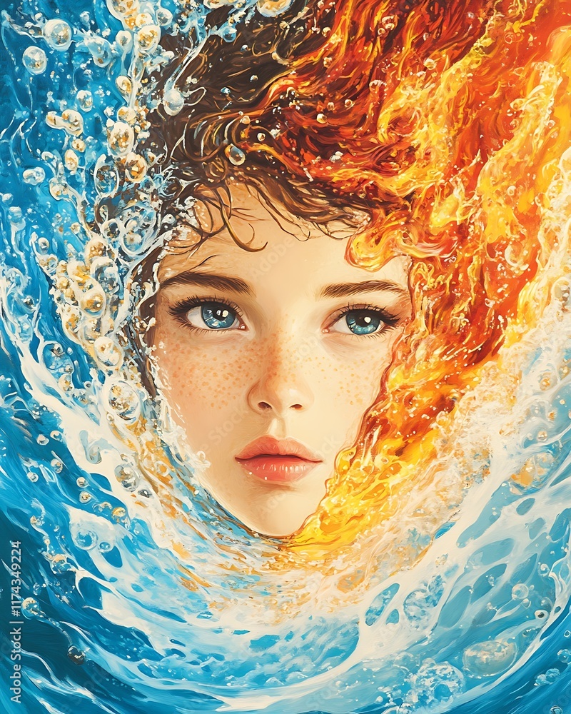 Poster woman with vivid red flames surrounded by water, creating a striking contrast of elements reflecting