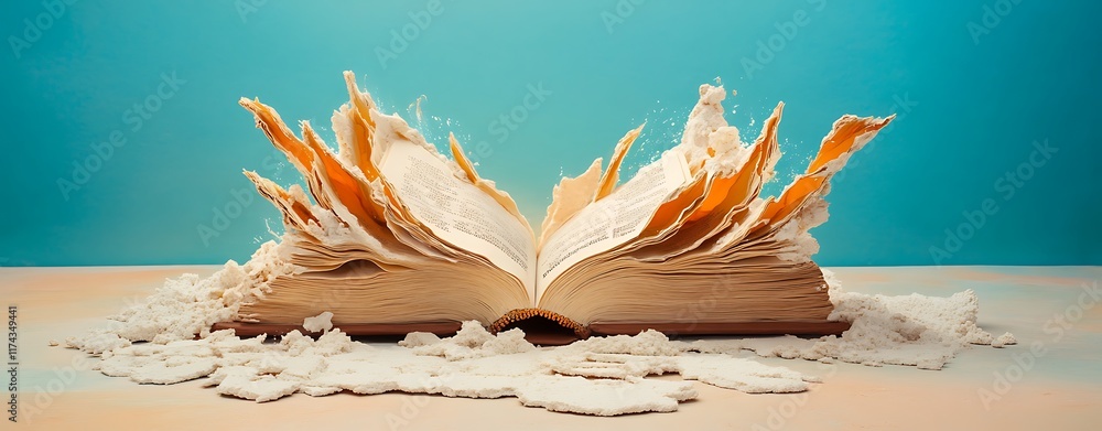 Poster An Open Book Displaying Its Vibrant Pages on a Soft Pastel Surface, Capturing the Essence of Storytelling and Imagination in a Unique Artistic Presentation