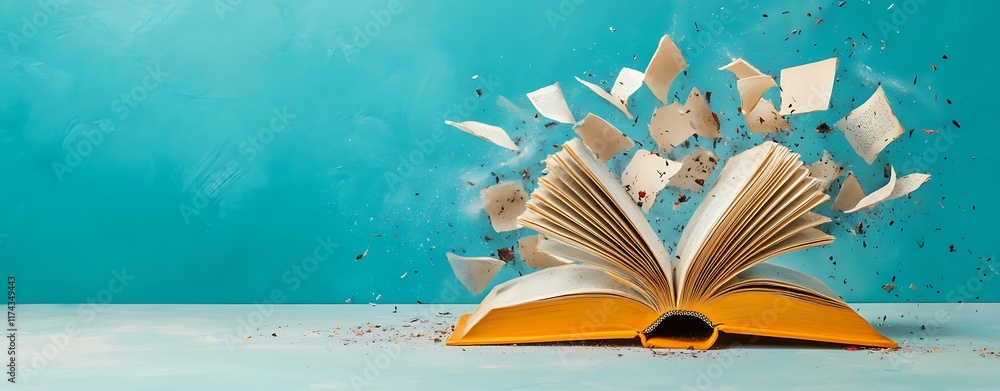 Poster an open book on a pastel surface with pages flying in the air, symbolizing the journey of knowledge 