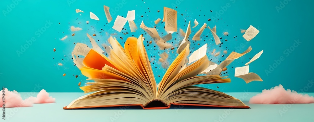 Poster An Open Book with Pages in Motion on a Pastel Surface Capturing the Essence of Imagination and Knowledge in a Vivid and Creative Scene
