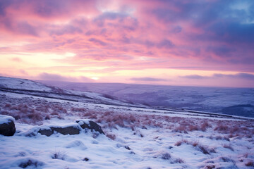 ethereal allure of snow clouds gracefully descending upon moors, enveloping landscape in a colorful stillness, and bestowing upon this windswept terrain wondrous transformative power of snow