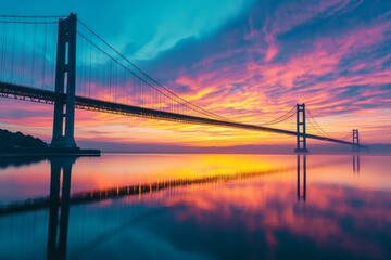 Fototapeta premium Golden suspension bridge during a vibrant sunset with reflections on water
