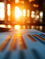 A close-up of financial graphs illuminated by a warm sunset, creating a tranquil atmosphere for analyzing data and insights.