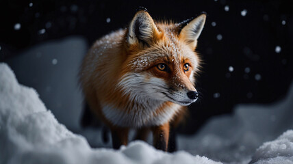 Fototapeta premium A snow fox in winter with snowflakes delicately resting on its fur professionally captured in a dark setting to enhance the scene's beauty