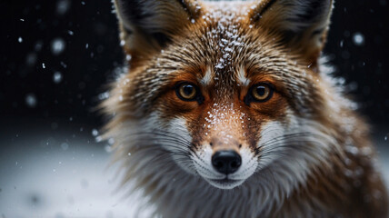 Obraz premium Beautiful close up shot of a snow fox in winter its fur covered with snowflakes captured in professional photography with a dark backdrop