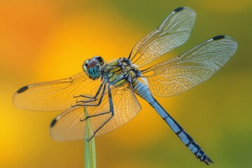 Closeup of a dragonfly perched on a green blade of grass