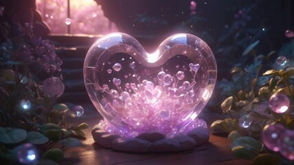 Crystal Heart Shape Surrounded by Tiny Glowing Elements in 3D