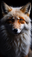 Fototapeta premium Beautiful snow fox in winter with snowflakes on its fur captured in professional photography against a dark background that enhances the details