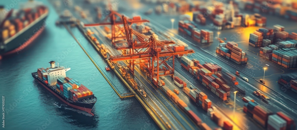 Poster a large cargo ship docks at a busy port with red cranes loading and unloading containers.