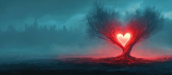 Glowing Heart Shaped Tree Silhouetted in a Mysterious Misty Forest Landscape at Night  The Luminous Red Heart Shaped Trunk Stands as a Powerful Symbol of Love Emotion