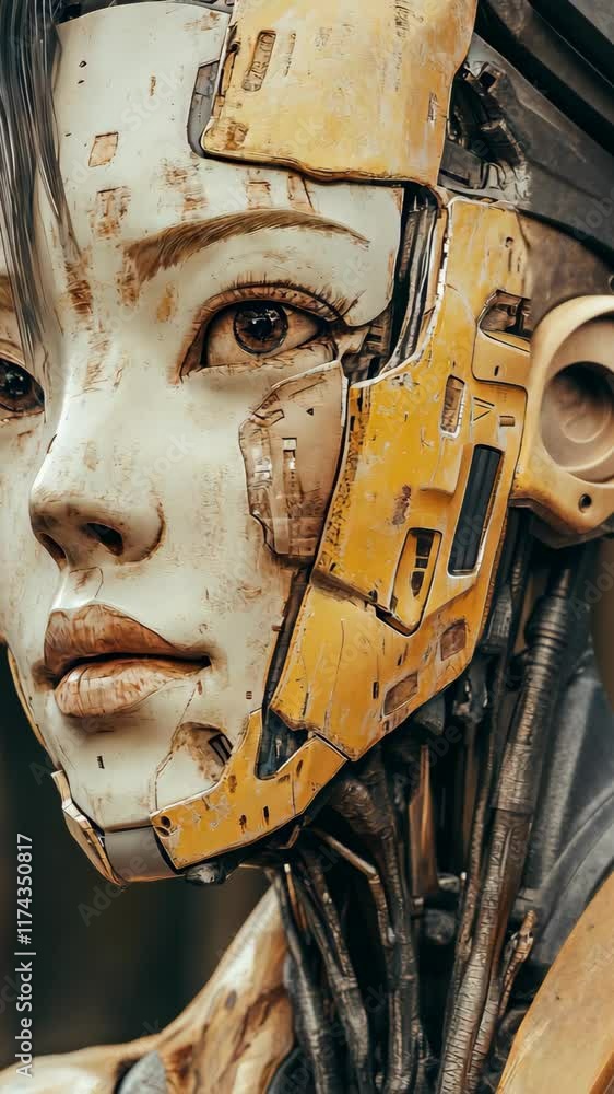 Poster portrait of a futuristic robot with intricate features and a weathered, mechanical design showcasing