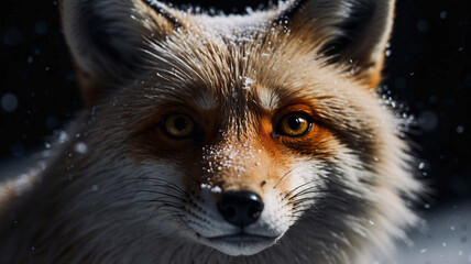 Obraz premium Elegant and majestic snow fox in winter snowflakes on its fur professionally captured on a dark background that highlights the beauty of the scene