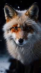 Obraz premium Enchanting image of a snow fox in winter snowflakes gently resting on its fur captured in a professional photograph with a dark background