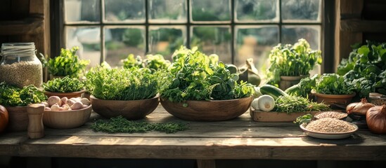 Fototapeta premium Fresh herbs, vegetables, and grains arranged on a wooden table in front of a window.
