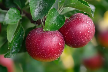 Closeup of red apples on a tree branch with green leaves