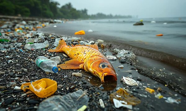 A dead fish lies on a polluted beach surrounded by plastic waste and debris.