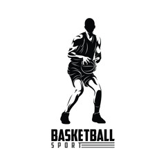 Vector illustration of the silhouette of a basketball player, drawn in black and white vector art style. Suitable for logo design, sports merchandise, posters, etc.