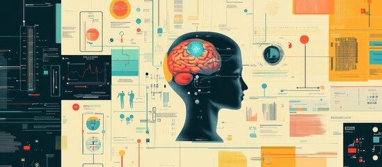 A stylized illustration of a human head with a visible brain, surrounded by data, charts, and graphs.