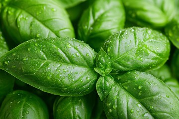 Closeup of fresh basil leaves with vibrant green color