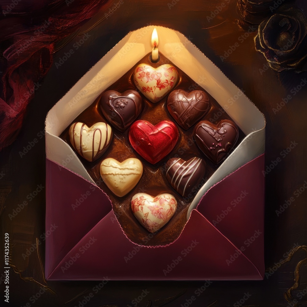 Poster a box of chocolates is sitting on a table with candles in the background