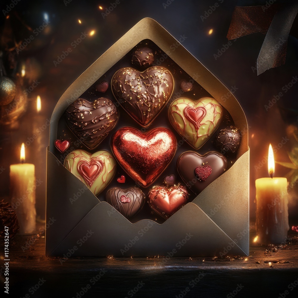 Poster a box of chocolates is sitting on a table with candles in the background
