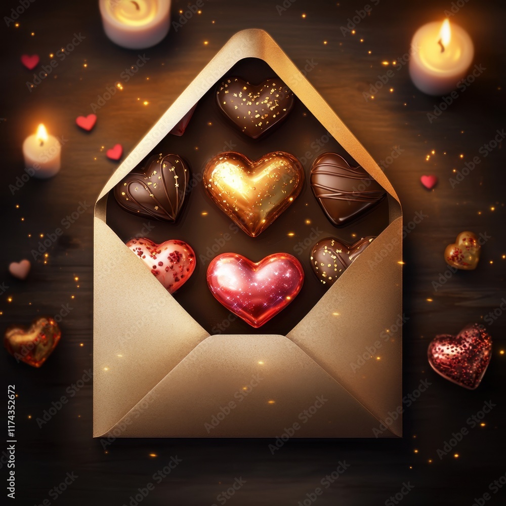Poster a box of chocolates is sitting on a table with candles in the background