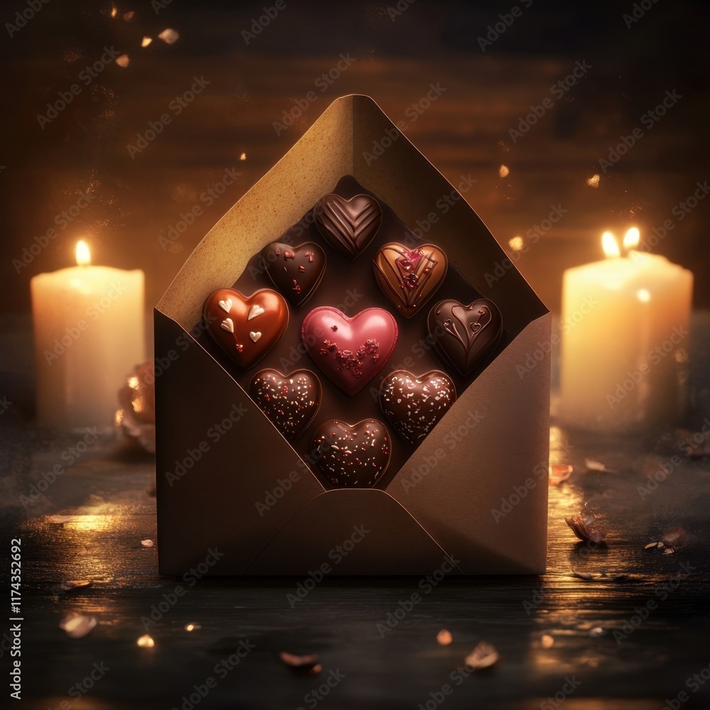 Poster a box of chocolates is sitting on a table with candles in the background