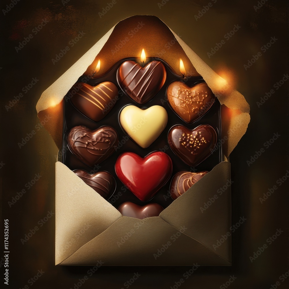 Poster a box of chocolates is sitting on a table with candles in the background