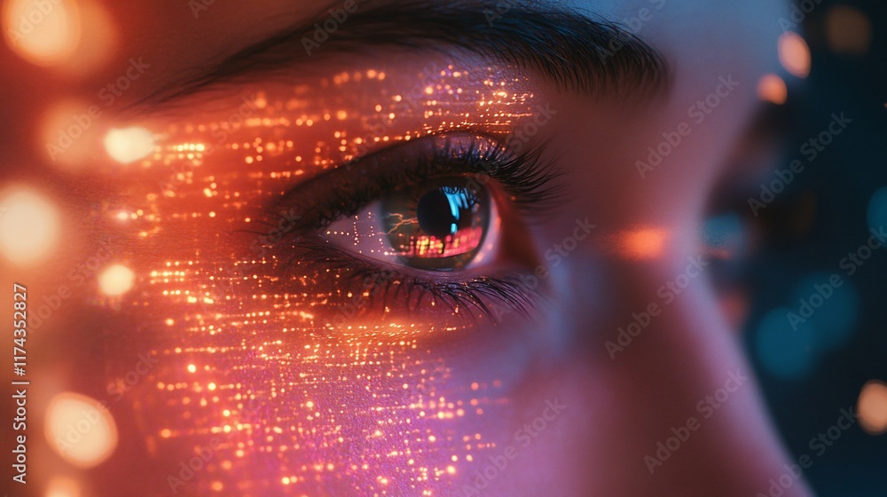 Aufkleber a close-up of an eye with digital patterns and lights reflecting in it.