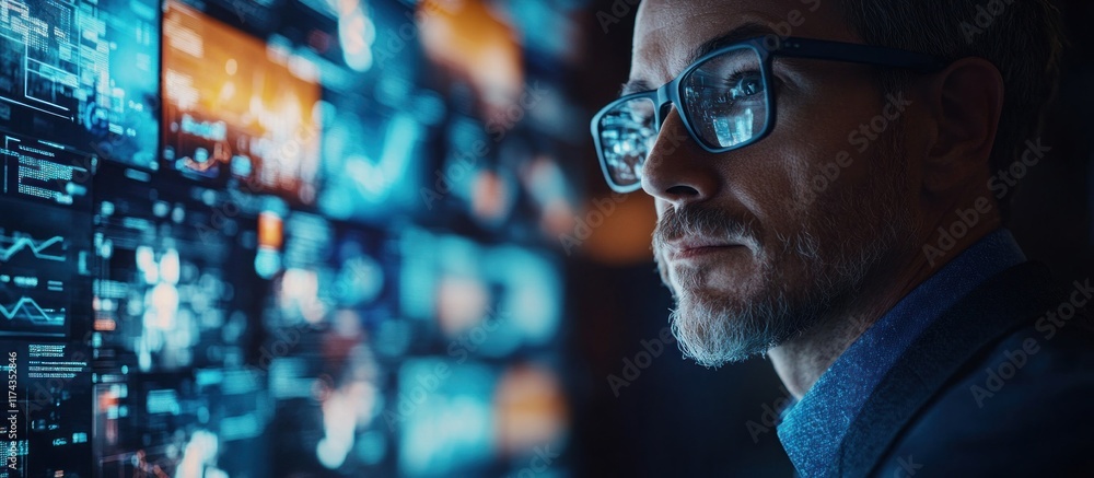 Poster a man with a beard wearing glasses looking at a computer screen with blue data visualizations.