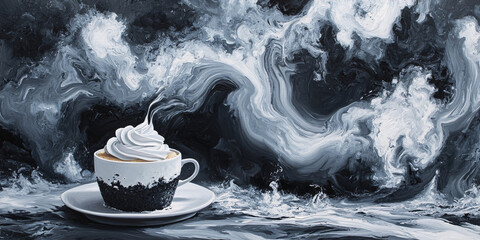 A coffee cup with whipped cream sits on a saucer against an abstract background resembling a stormy sea.