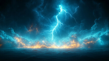Striking blue lightning bolt illuminating storm clouds with fiery glow.