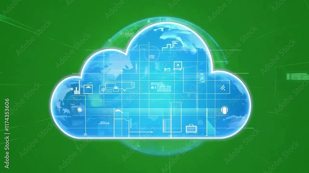 Poster global cloud computing: a vibrant blue cloud with a world map inside, representing the expansive rea