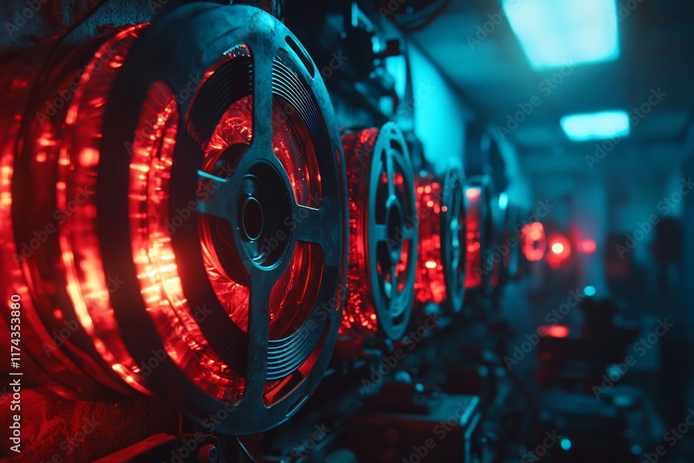 Poster a close-up view of illuminated machinery with red lights in a dark setting.