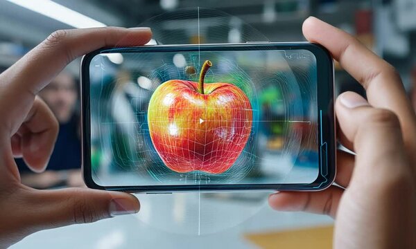 A hand holds a phone displaying a 3D apple model in a tech environment.