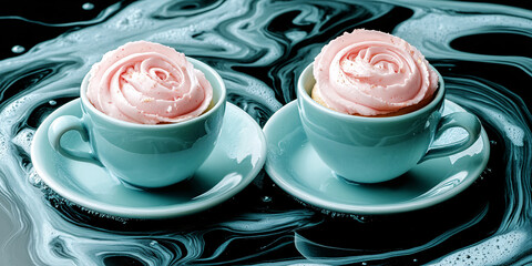 Two delicate pink frosted cupcakes sit in teal teacups on a swirling, dark surface.