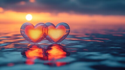 Floating hearts reflecting in the calm rippling water as a breathtaking sunset paints the sky with warm dreamy hues   a serene atmospheric scene symbolizing love commitment and peaceful romance