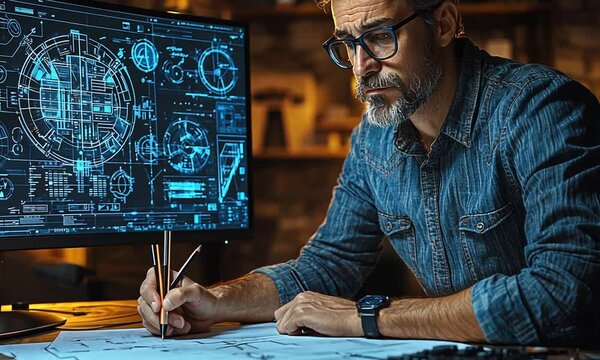 A man sketches designs while analyzing digital blueprints on a large screen.