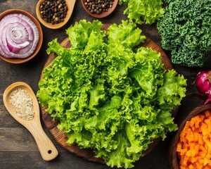 A top view of cos lettuce on a wooden table with recipe ingredients.