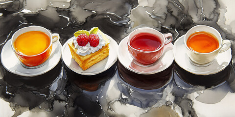 A watercolor painting of three cups of tea and a delicious-looking cake.