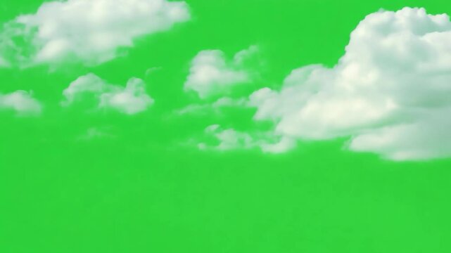 White Clouds Drifting Across a Green Screen: An ethereal background of fluffy white clouds gliding across a vibrant green screen.