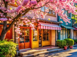 Fototapeta premium Sakura Storefront, Sunny Day, Charming Shop, Peaceful Scene, Springtime