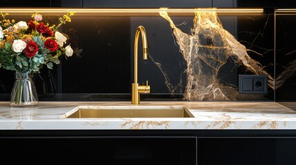 Fragment of a modern luxury kitchen. Marble countertop with built-in sink, gold faucet, black backsplash, flowers in a vase. Close-up. Contemporary interior design